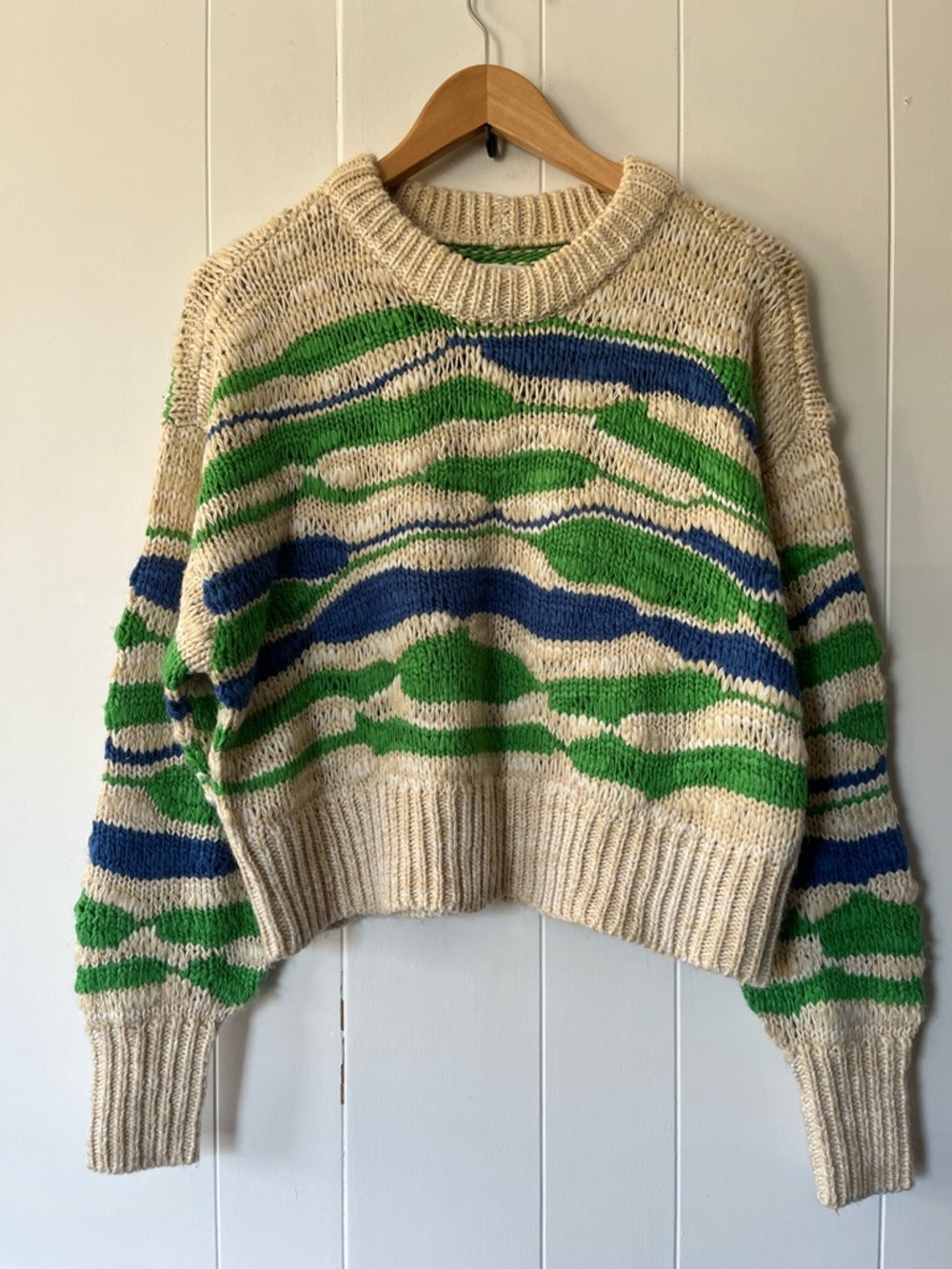 NWOT Aerie Intarsia Knitted Sweater Boxy Oversized New Knit Cream Green Blue xs